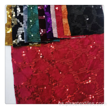 tela bordada roja de tela de lentejuelas bordadas de tela de terciopelo bordado material bordado